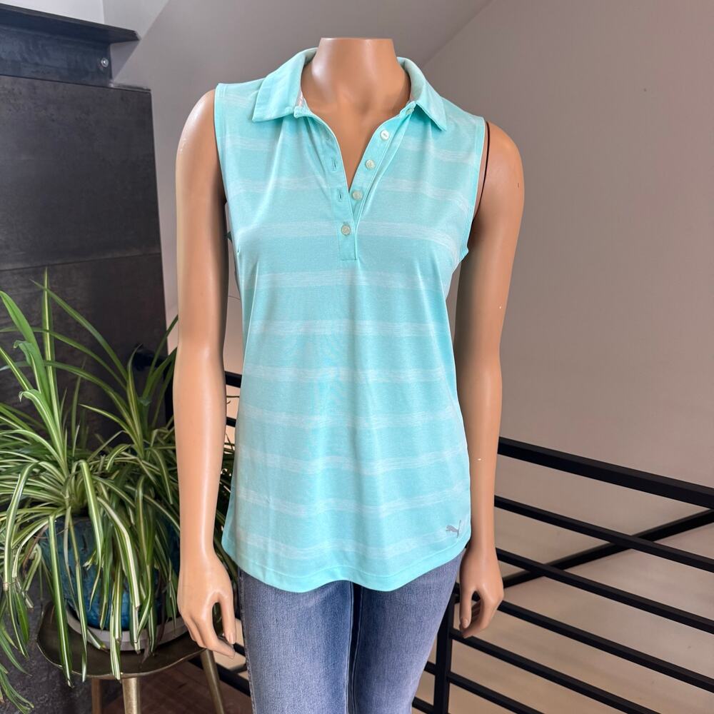 PUMA Golf Women's Rotation Stripe Sleeveless Polo Shirt Mint Blue Green Sz M